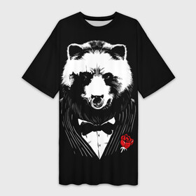 Платье-футболка 3D с принтом Медведь авторитет в Кировске,  |  | authority | bear | go | авторитет | аль капоне | бабочка | в носу | взгляд | галстук | графика | дикий | животное | иллюстрация | картинка | кольцо | костюм | красная | крестный | мафия | медведь | мода | отец
