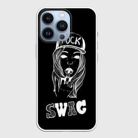 Чехол для iPhone 13 Pro с принтом Swag BLACK в Кировске,  |  | Тематика изображения на принте: authority | beautifu | cool | girl | авторитет | бейсболка | буквы | графика | девушка | иллюстрация | картинка | кольца | красивая | крутая | мода | надпись | палец | показывает | рисунок | средний | стиль | текст