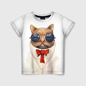 Детская футболка 3D с принтом Кот в Кировске, 100% гипоаллергенный полиэфир | прямой крой, круглый вырез горловины, длина до линии бедер, чуть спущенное плечо, ткань немного тянется | бабочка | в очках | киса | киска | костюм | котейка | котенок | котэ | котя | кошка | крутой | модный | стиль | ученый
