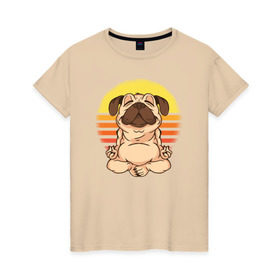 Женская футболка хлопок с принтом Мопс Йога в Кировске, 100% хлопок | прямой крой, круглый вырез горловины, длина до линии бедер, слегка спущенное плечо | dog | pug | yoga | йога | медитация | мопс | мопсы | собака | собаки | фитнес