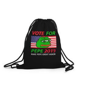 Рюкзак-мешок 3D с принтом Vote for pepe в Кировске, 100% полиэстер | плотность ткани — 200 г/м2, размер — 35 х 45 см; лямки — толстые шнурки, застежка на шнуровке, без карманов и подкладки | Тематика изображения на принте: bad | dab | frog | good | kek | make pepe great again | pepe | sad | sad frog | vote for pepe | кек | лягушка | мем | мемы | пепе | со смыслом | фрог