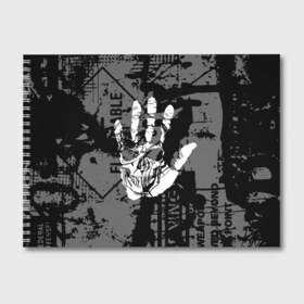 Альбом для рисования с принтом Stop в Кировске, 100% бумага
 | матовая бумага, плотность 200 мг. | Тематика изображения на принте: black | caution | gray | halloween | hand | skeleton | skull | stop | white | белый | предупреждение | рука | серый | скелет | хэллоуин | череп | черный