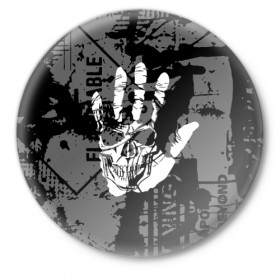 Значок с принтом Stop в Кировске,  металл | круглая форма, металлическая застежка в виде булавки | Тематика изображения на принте: black | caution | gray | halloween | hand | skeleton | skull | stop | white | белый | предупреждение | рука | серый | скелет | хэллоуин | череп | черный