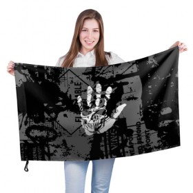 Флаг 3D с принтом Stop в Кировске, 100% полиэстер | плотность ткани — 95 г/м2, размер — 67 х 109 см. Принт наносится с одной стороны | black | caution | gray | halloween | hand | skeleton | skull | stop | white | белый | предупреждение | рука | серый | скелет | хэллоуин | череп | черный