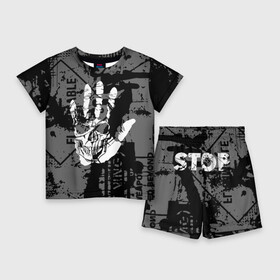 Детский костюм с шортами 3D с принтом Stop Covid 19 в Кировске,  |  | Тематика изображения на принте: black | caution | gray | halloween | hand | skeleton | skull | stop | white | белый | предупреждение | рука | серый | скелет | хэллоуин | череп | черный