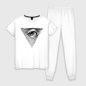 Женская пижама хлопок с принтом eye в Кировске, 100% хлопок | брюки и футболка прямого кроя, без карманов, на брюках мягкая резинка на поясе и по низу штанин | black | eye | minimalism | money | philosophy | pyramid | raster | supreme | usa | white | белый | глаз | деньги | доллар | минимализм | пирамида | растр | сша | философия | черный