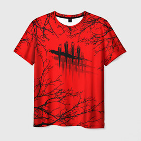 Мужская футболка 3D с принтом Dead by Daylight в Кировске, 100% полиэфир | прямой крой, круглый вырез горловины, длина до линии бедер | dead by daylight | ветки | деад бай деад лайт | деревья | жуть | игра | компьютерная игра | красный | красный и черный | кровь | ужасы | черный