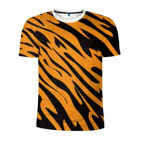 Мужская футболка 3D спортивная с принтом Тигр в Кировске, 100% полиэстер с улучшенными характеристиками | приталенный силуэт, круглая горловина, широкие плечи, сужается к линии бедра | Тематика изображения на принте: животное | зверь | кардашьян | ким | кот | лев | оранжевый | полосы | рыжий | тигр | черный