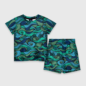 Детский костюм с шортами 3D с принтом Морская пучина в Кировске,  |  | абстракция | волны | зеленый | круг | линии | море | полосы | синий