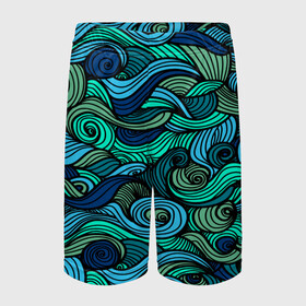 Детские спортивные шорты 3D с принтом Морская пучина в Кировске,  100% полиэстер
 | пояс оформлен широкой мягкой резинкой, ткань тянется
 | Тематика изображения на принте: абстракция | волны | зеленый | круг | линии | море | полосы | синий