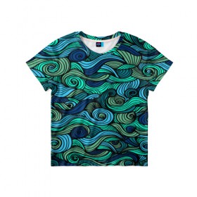 Детская футболка 3D с принтом Морская пучина в Кировске, 100% гипоаллергенный полиэфир | прямой крой, круглый вырез горловины, длина до линии бедер, чуть спущенное плечо, ткань немного тянется | абстракция | волны | зеленый | круг | линии | море | полосы | синий