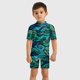 Детский купальный костюм 3D с принтом Морская пучина в Кировске, Полиэстер 85%, Спандекс 15% | застежка на молнии на спине | абстракция | волны | зеленый | круг | линии | море | полосы | синий