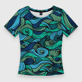 Женская футболка 3D Slim с принтом Морская пучина в Кировске,  |  | абстракция | волны | зеленый | круг | линии | море | полосы | синий