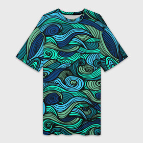 Платье-футболка 3D с принтом Морская пучина в Кировске,  |  | абстракция | волны | зеленый | круг | линии | море | полосы | синий