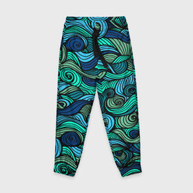 Детские брюки 3D с принтом Морская пучина в Кировске, 100% полиэстер | манжеты по низу, эластичный пояс регулируется шнурком, по бокам два кармана без застежек, внутренняя часть кармана из мелкой сетки | абстракция | волны | зеленый | круг | линии | море | полосы | синий