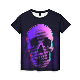 Женская футболка 3D с принтом Токсичный череп в Кировске, 100% полиэфир ( синтетическое хлопкоподобное полотно) | прямой крой, круглый вырез горловины, длина до линии бедер | 3d | 3д | голограмма | иллюзия | кости | розовый | синий | скелет | ультра | фиолетовый | череп | черный