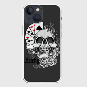 Чехол для iPhone 13 mini с принтом Lucky в Кировске,  |  | Тематика изображения на принте: lucky | буны | веер | винтаж | графика | дизайн | игра | игральные | иллюстрация | казино | картинка | карты | крести | масть | мода | надпись | орнамент | пики | покер | рисунок | сердце | символ | стиль