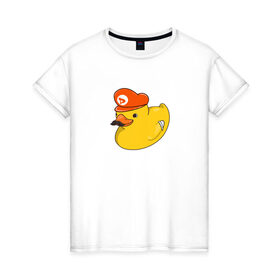 Женская футболка хлопок с принтом DUCKrio в Кировске, 100% хлопок | прямой крой, круглый вырез горловины, длина до линии бедер, слегка спущенное плечо | duck | duckpack | game | gamer | желтый | игра | марио | милый | усы | утенок | утка