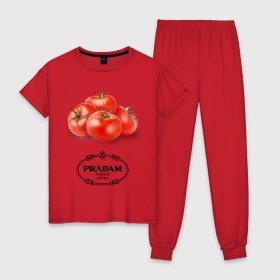 Женская пижама хлопок с принтом PRADAM в Кировске, 100% хлопок | брюки и футболка прямого кроя, без карманов, на брюках мягкая резинка на поясе и по низу штанин | антитренд | прада