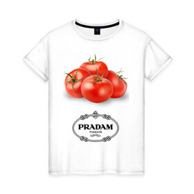 Женская футболка хлопок с принтом PRADAM в Кировске, 100% хлопок | прямой крой, круглый вырез горловины, длина до линии бедер, слегка спущенное плечо | антитренд | прада