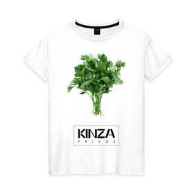Женская футболка хлопок с принтом KINZA в Кировске, 100% хлопок | прямой крой, круглый вырез горловины, длина до линии бедер, слегка спущенное плечо | kinzo | антитренд | кинзо