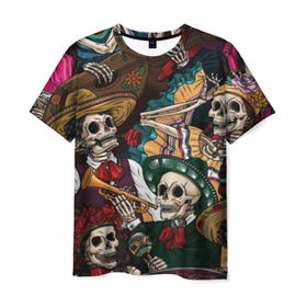 Мужская футболка 3D с принтом Мексиканская Вечеринка в Кировске, 100% полиэфир | прямой крой, круглый вырез горловины, длина до линии бедер | party | амиго | маракасы | мексика | мехико | скелет | сомбреро | текила | черепа