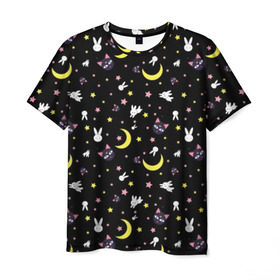 Мужская футболка 3D с принтом Sailor Moon Pattern в Кировске, 100% полиэфир | прямой крой, круглый вырез горловины, длина до линии бедер | Тематика изображения на принте: аниме | детский | зайчик | зая | звезды | кролик | луна в матроске | матросска | месяц | милота | милый | небо | паттерн | сейлор мун | черный