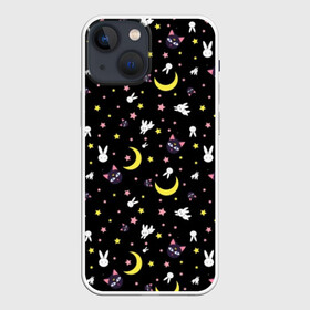 Чехол для iPhone 13 mini с принтом Sailor Moon Pattern в Кировске,  |  | Тематика изображения на принте: аниме | детский | зайчик | зая | звезды | кролик | луна в матроске | матросска | месяц | милота | милый | небо | паттерн | сейлор мун | черный