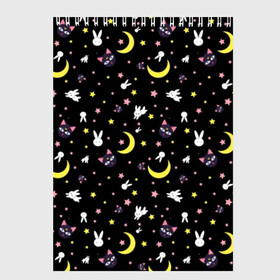 Скетчбук с принтом Sailor Moon Pattern в Кировске, 100% бумага
 | 48 листов, плотность листов — 100 г/м2, плотность картонной обложки — 250 г/м2. Листы скреплены сверху удобной пружинной спиралью | аниме | детский | зайчик | зая | звезды | кролик | луна в матроске | матросска | месяц | милота | милый | небо | паттерн | сейлор мун | черный