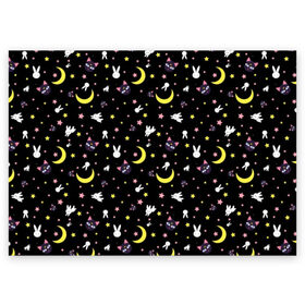 Поздравительная открытка с принтом Sailor Moon Pattern в Кировске, 100% бумага | плотность бумаги 280 г/м2, матовая, на обратной стороне линовка и место для марки
 | Тематика изображения на принте: аниме | детский | зайчик | зая | звезды | кролик | луна в матроске | матросска | месяц | милота | милый | небо | паттерн | сейлор мун | черный