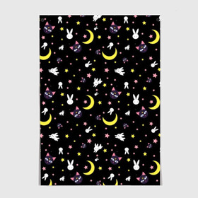 Постер с принтом Sailor Moon Pattern в Кировске, 100% бумага
 | бумага, плотность 150 мг. Матовая, но за счет высокого коэффициента гладкости имеет небольшой блеск и дает на свету блики, но в отличии от глянцевой бумаги не покрыта лаком | аниме | детский | зайчик | зая | звезды | кролик | луна в матроске | матросска | месяц | милота | милый | небо | паттерн | сейлор мун | черный