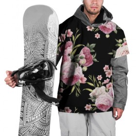 Накидка на куртку 3D с принтом Пионы на Чёрном в Кировске, 100% полиэстер |  | букет | бутон | весна | красивый | лето | листья | пион | прекрасный | роза | розочка | цветок | цветы