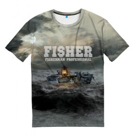 Мужская футболка 3D с принтом Профессиональный рыбак в Кировске, 100% полиэфир | прямой крой, круглый вырез горловины, длина до линии бедер | fish | fisher | fisherman | fishman | анорак | костюм для рыбалки | костюм рыбака | лодка | непогода | подарок рыбаку | профессиональный рыбак | рыба | рыбаку | рыбалка | рыбацкая | шторм | шхуна