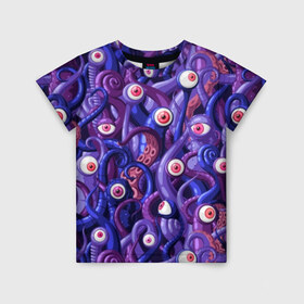 Детская футболка 3D с принтом Щупальца с глазами в Кировске, 100% гипоаллергенный полиэфир | прямой крой, круглый вырез горловины, длина до линии бедер, чуть спущенное плечо, ткань немного тянется | aliens | backgro | blue | cartoons | children | eyes | fashion | funny | monsters | purple | scary | style | весёлые | глаза | графика | детский | иллюстрация | инопланетяне | картинка | красные | мода | орнамент | персонажи | пришельцы | рисунок