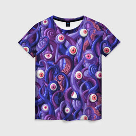 Женская футболка 3D с принтом Щупальца с глазами в Кировске, 100% полиэфир ( синтетическое хлопкоподобное полотно) | прямой крой, круглый вырез горловины, длина до линии бедер | aliens | backgro | blue | cartoons | children | eyes | fashion | funny | monsters | purple | scary | style | весёлые | глаза | графика | детский | иллюстрация | инопланетяне | картинка | красные | мода | орнамент | персонажи | пришельцы | рисунок