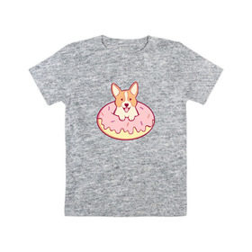 Детская футболка хлопок с принтом Корги Пончик в Кировске, 100% хлопок | круглый вырез горловины, полуприлегающий силуэт, длина до линии бедер | dog | donut | kawaii | вкусняшка | выпечка | еда | лапочка | милый | мимими | пес | песик | сладкий | собака | щенок