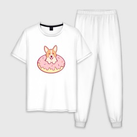 Мужская пижама хлопок с принтом Корги Пончик в Кировске, 100% хлопок | брюки и футболка прямого кроя, без карманов, на брюках мягкая резинка на поясе и по низу штанин
 | dog | donut | kawaii | вкусняшка | выпечка | еда | лапочка | милый | мимими | пес | песик | сладкий | собака | щенок