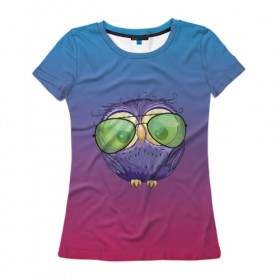 Женская футболка 3D с принтом фиолетовая сова в Кировске, 100% полиэфир ( синтетическое хлопкоподобное полотно) | прямой крой, круглый вырез горловины, длина до линии бедер | Тематика изображения на принте: 