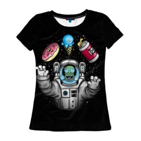 Женская футболка 3D с принтом Гомер в космосе в Кировске, 100% полиэфир ( синтетическое хлопкоподобное полотно) | прямой крой, круглый вырез горловины, длина до линии бедер | bart | homer | lisa | simpsons | space | барт | гомер | космос | пончик | симпсоны