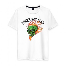 Мужская футболка хлопок с принтом Punk`s not dead в Кировске, 100% хлопок | прямой крой, круглый вырез горловины, длина до линии бедер, слегка спущенное плечо. | Тематика изображения на принте: beard | cool | creative | death | design | eyes | fire | flame | green | hype | music | punk | skull | vanguard | авангард | борода | глаза | дизайн | зеленый | креатив | круто | музыка | огонь | панк | пламя | хайп | череп