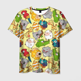 Мужская футболка 3D с принтом Зоопарк в Кировске, 100% полиэфир | прямой крой, круглый вырез горловины, длина до линии бедер | девочке | детская | детям | дочке | животные | жираф | зоопарк | коала | крокодил | лев | мальчику | попугай | разноцветная | ребенку | рыбка