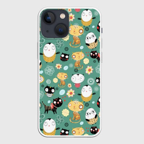 Чехол для iPhone 13 mini с принтом Совы и котики в Кировске,  |  | детский | животные | кот | котенок | котики | кошки | малыши | милые | пингвин | ромашки | совенок | совы | узоры | цветочки