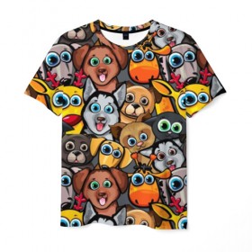 Мужская футболка 3D с принтом Веселые собаки в Кировске, 100% полиэфир | прямой крой, круглый вырез горловины, длина до линии бедер | Тематика изображения на принте: бульдог | голубые глаза | доберман | животные | жирафы | котики | милые | олени | разноцветные | собаки | хаски | яркие
