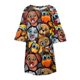 Детское платье 3D с принтом Веселые собаки в Кировске, 100% полиэстер | прямой силуэт, чуть расширенный к низу. Круглая горловина, на рукавах — воланы | бульдог | голубые глаза | доберман | животные | жирафы | котики | милые | олени | разноцветные | собаки | хаски | яркие