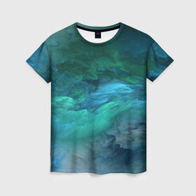 Женская футболка 3D с принтом Изумрудные Облака в Кировске, 100% полиэфир ( синтетическое хлопкоподобное полотно) | прямой крой, круглый вырез горловины, длина до линии бедер | abstraction | абстракция | голубые | живопись | искусство | космос | краска | краски | облако | пар | природа | смешение красок | созвездие | стихия | туман | туманность