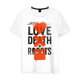 Мужская футболка хлопок с принтом LOVE DEATH + ROBOTS в Кировске, 100% хлопок | прямой крой, круглый вырез горловины, длина до линии бедер, слегка спущенное плечо. | death | love death + robots | netflix | robots | любовь | нетфликс | роботы | сериал