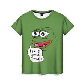 Женская футболка 3D с принтом Feels Good Man в Кировске, 100% полиэфир ( синтетическое хлопкоподобное полотно) | прямой крой, круглый вырез горловины, длина до линии бедер | pepe | pepe frog | зеленая лягушка | лягушка | пепе