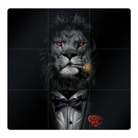 Магнитный плакат 3Х3 с принтом Лев в смокинге в Кировске, Полимерный материал с магнитным слоем | 9 деталей размером 9*9 см | бабочка | грива | грозный | лев | роза | серьезный | хищник | царь | церь зверей