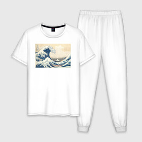 Мужская пижама хлопок с принтом Большая волна в Кировске, 100% хлопок | брюки и футболка прямого кроя, без карманов, на брюках мягкая резинка на поясе и по низу штанин
 | большая волна | искусство | канагава