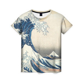 Женская футболка 3D с принтом Большая волна в Канагаве в Кировске, 100% полиэфир ( синтетическое хлопкоподобное полотно) | прямой крой, круглый вырез горловины, длина до линии бедер | арт | большая волна | в канагаве | гравюра | искусство | канагава | кацусики хокусай | япония